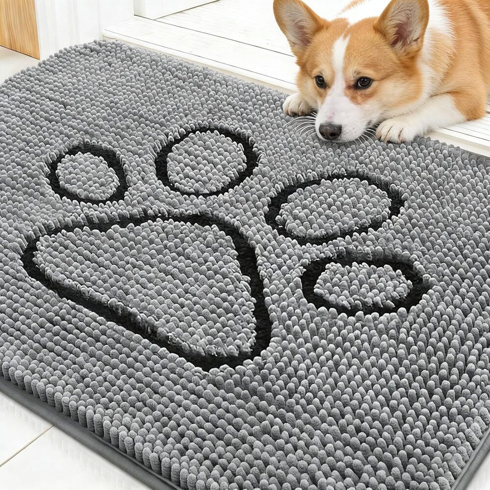 OLANLY Dog Door Mat 30x20 Gray Paw Print Chenille Absorbent Washable Non Slip